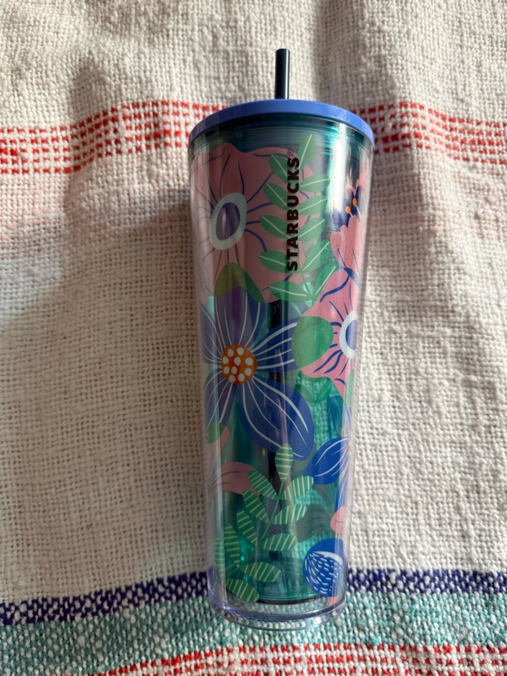 Starbucks Floral Blue Pink Green Tall Tumbler with Straw